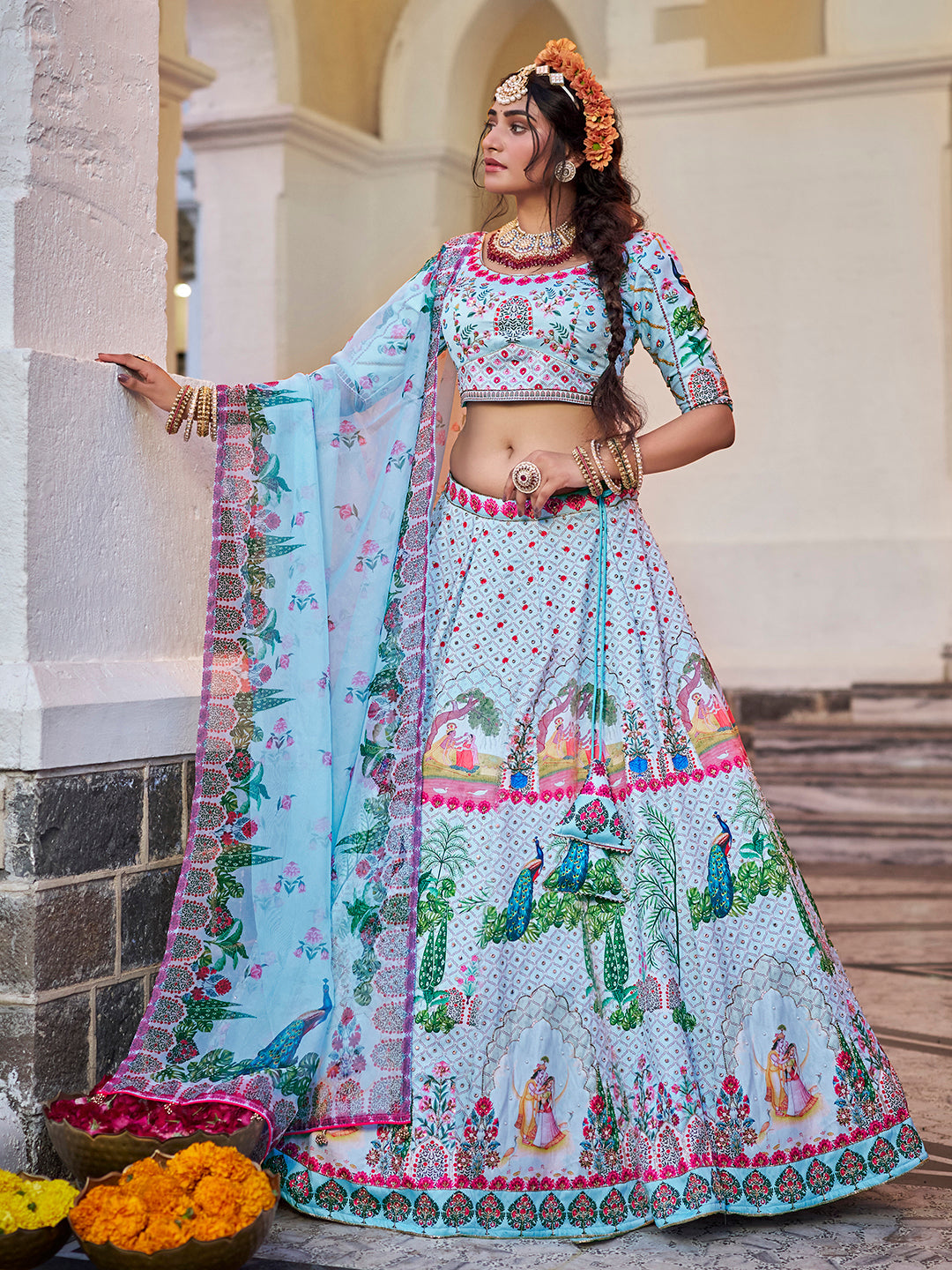 Powder Blue Designer Art Silk Heritage Lehenga Set for Women