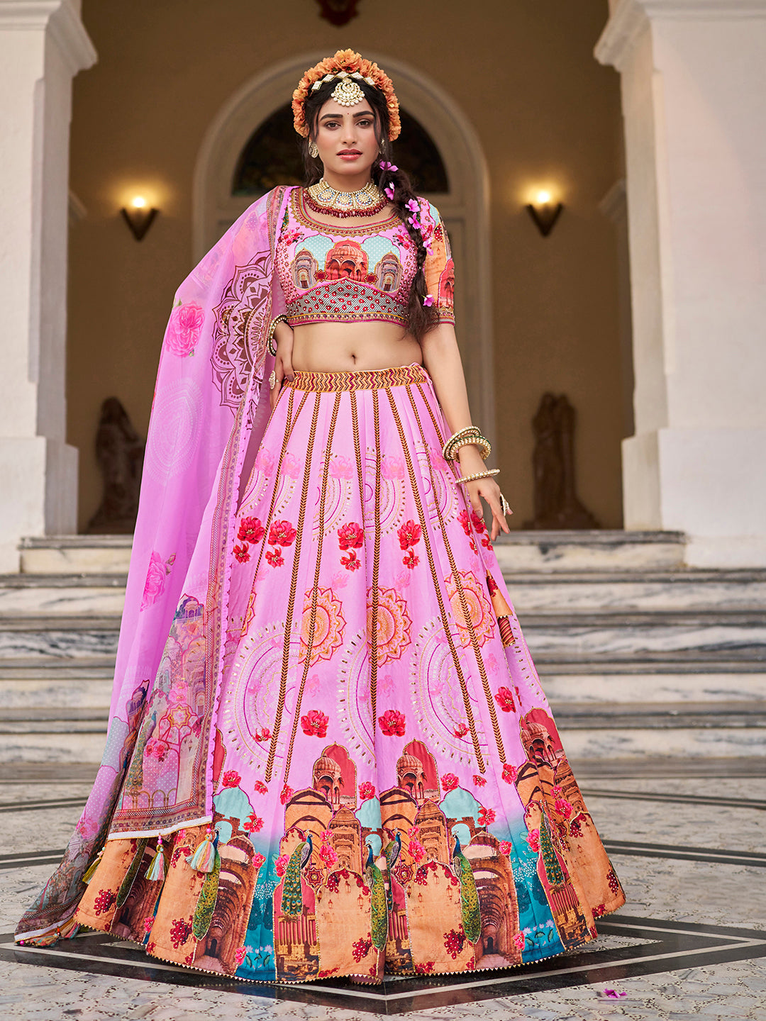 Designer Royal Pink Art Silk Lehenga Set with Digital Print & Organza Dupatta