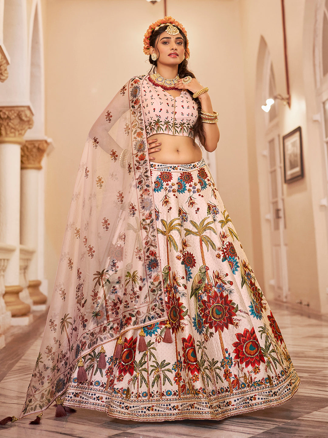 Heritage Print Art Silk Lehenga Choli with Handwork and Organza Dupatta