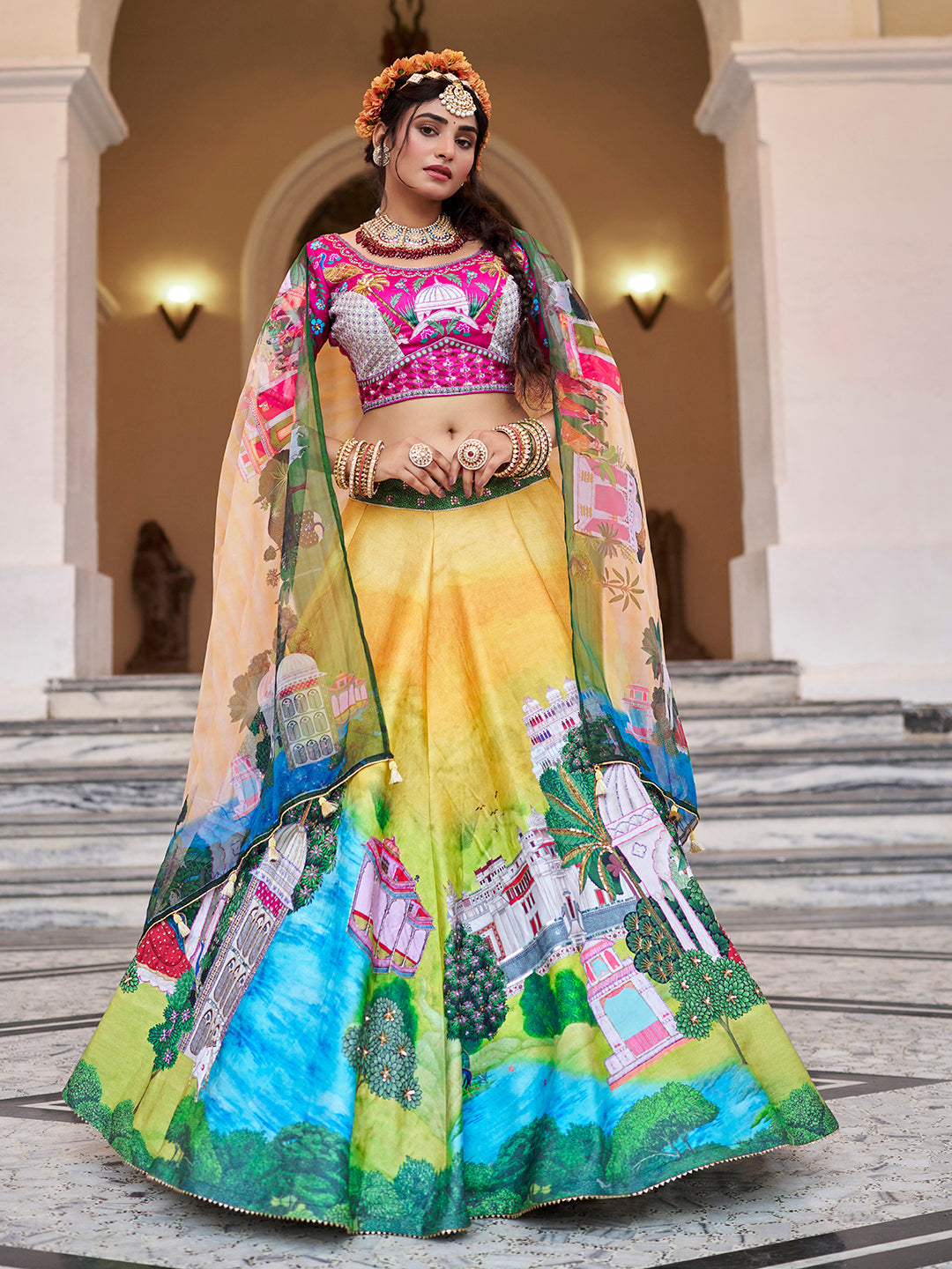 Royal Yellow Art Silk Heritage Lehenga Set with Digital Prints & Organza Dupatta