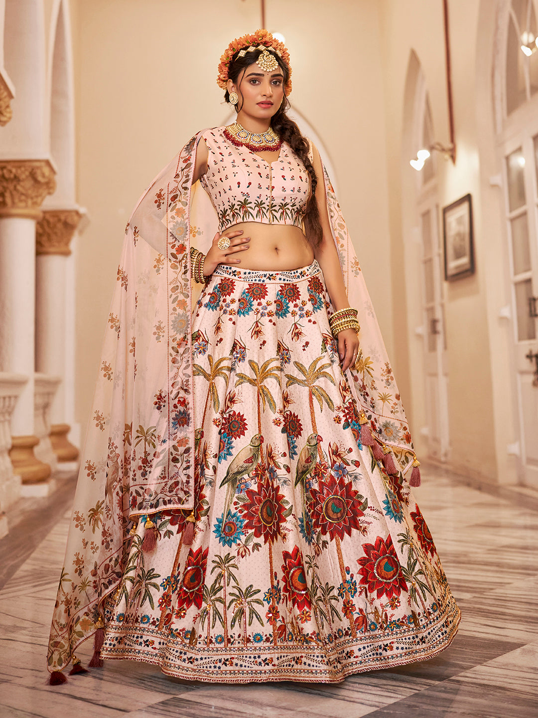 Heritage Print Art Silk Lehenga Choli with Handwork and Organza Dupatta