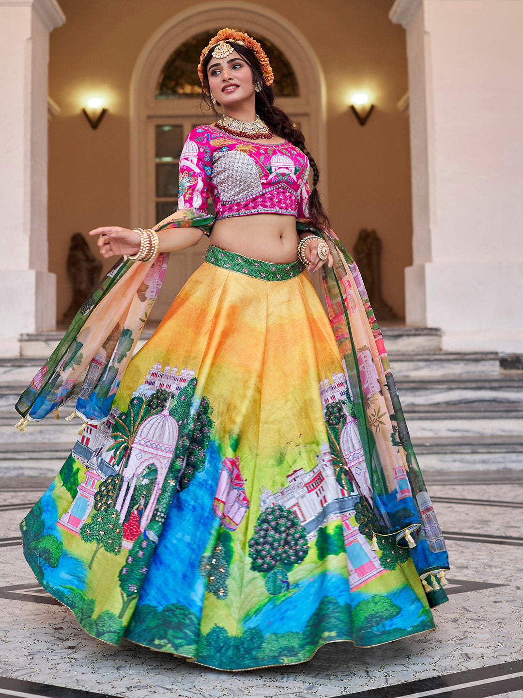 Royal Yellow Art Silk Heritage Lehenga Set with Digital Prints & Organza Dupatta