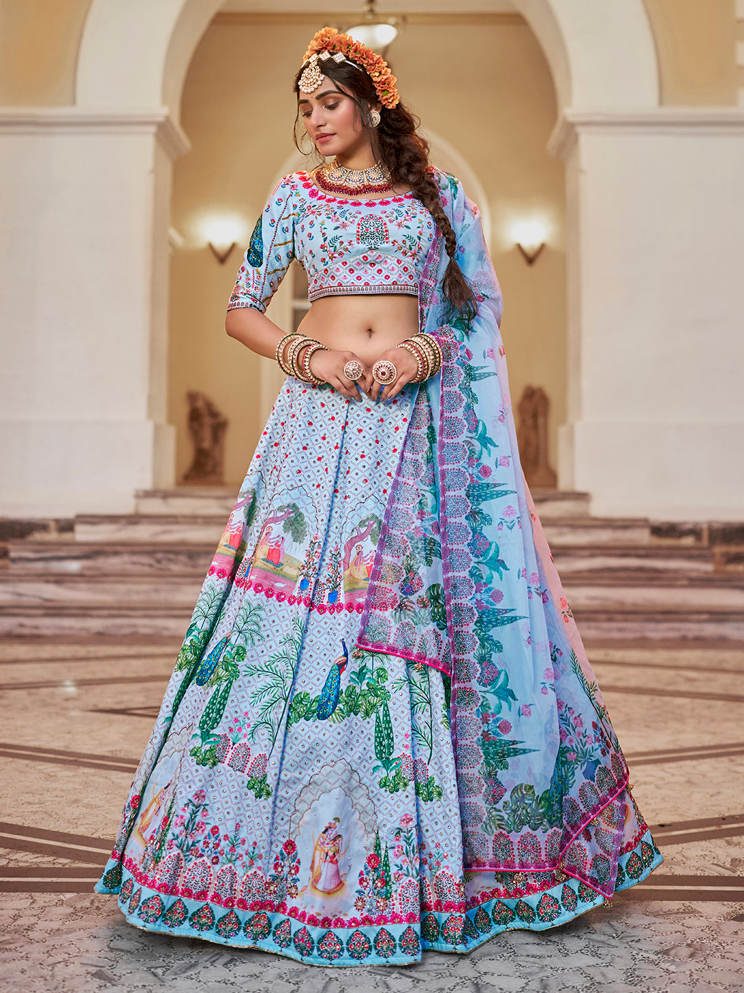 Powder Blue Designer Art Silk Heritage Lehenga Set for Women