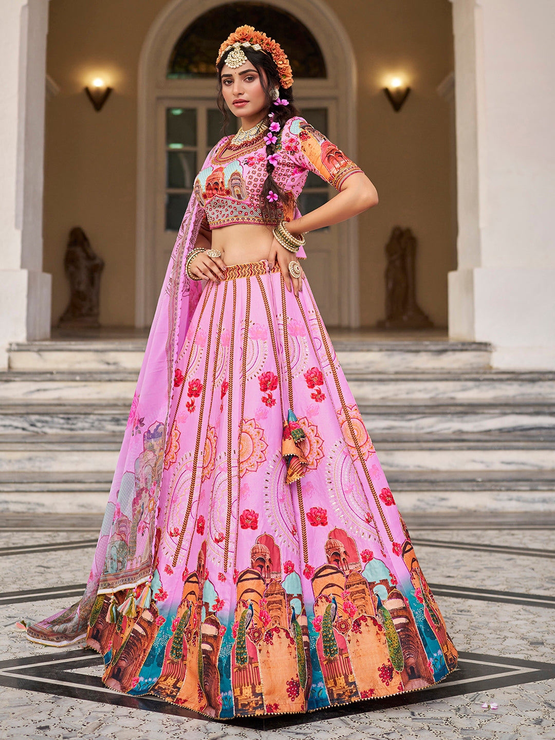 Designer Royal Pink Art Silk Lehenga Set with Digital Print & Organza Dupatta