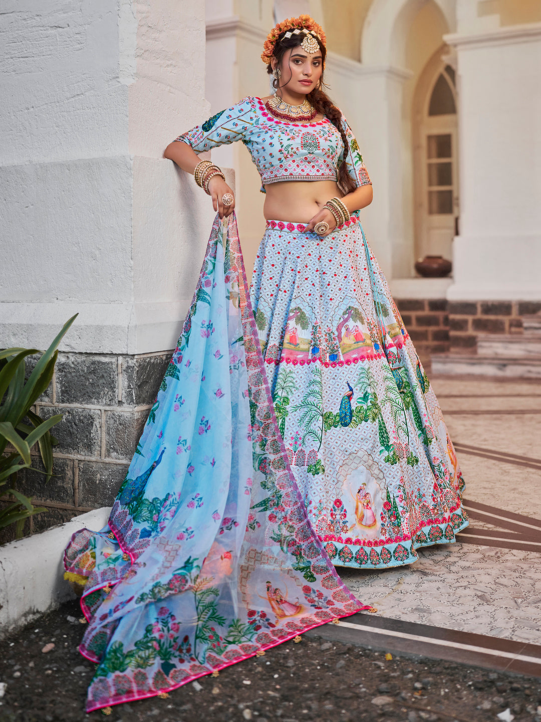 Powder Blue Designer Art Silk Heritage Lehenga Set for Women