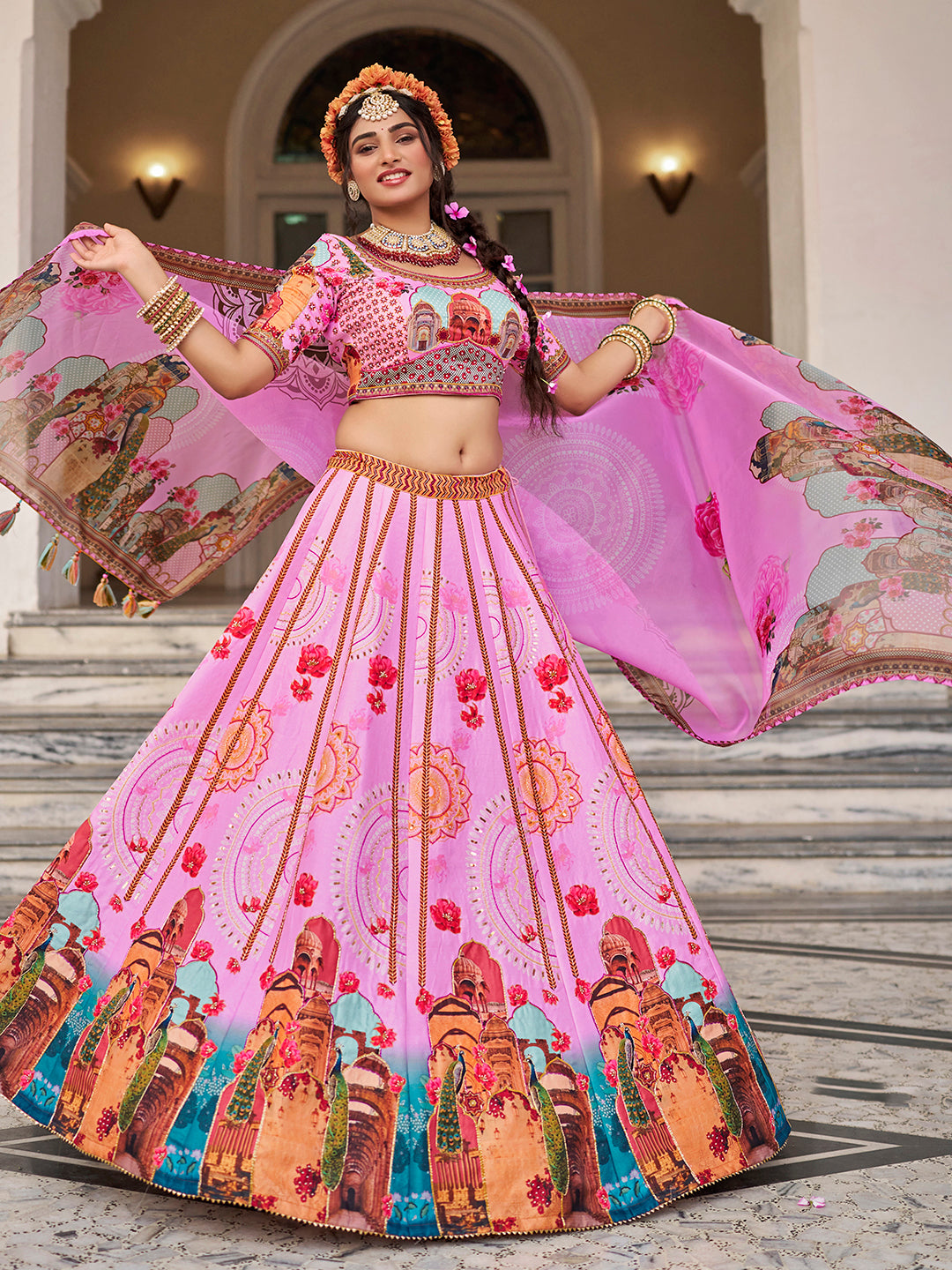 Designer Royal Pink Art Silk Lehenga Set with Digital Print & Organza Dupatta