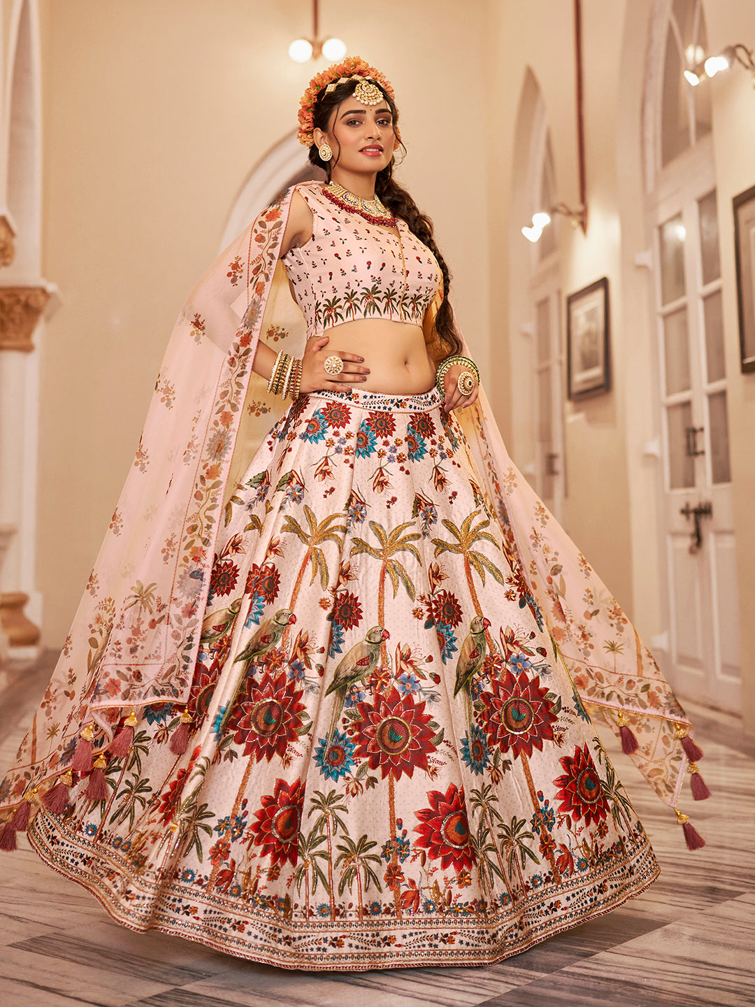 Heritage Print Art Silk Lehenga Choli with Handwork and Organza Dupatta