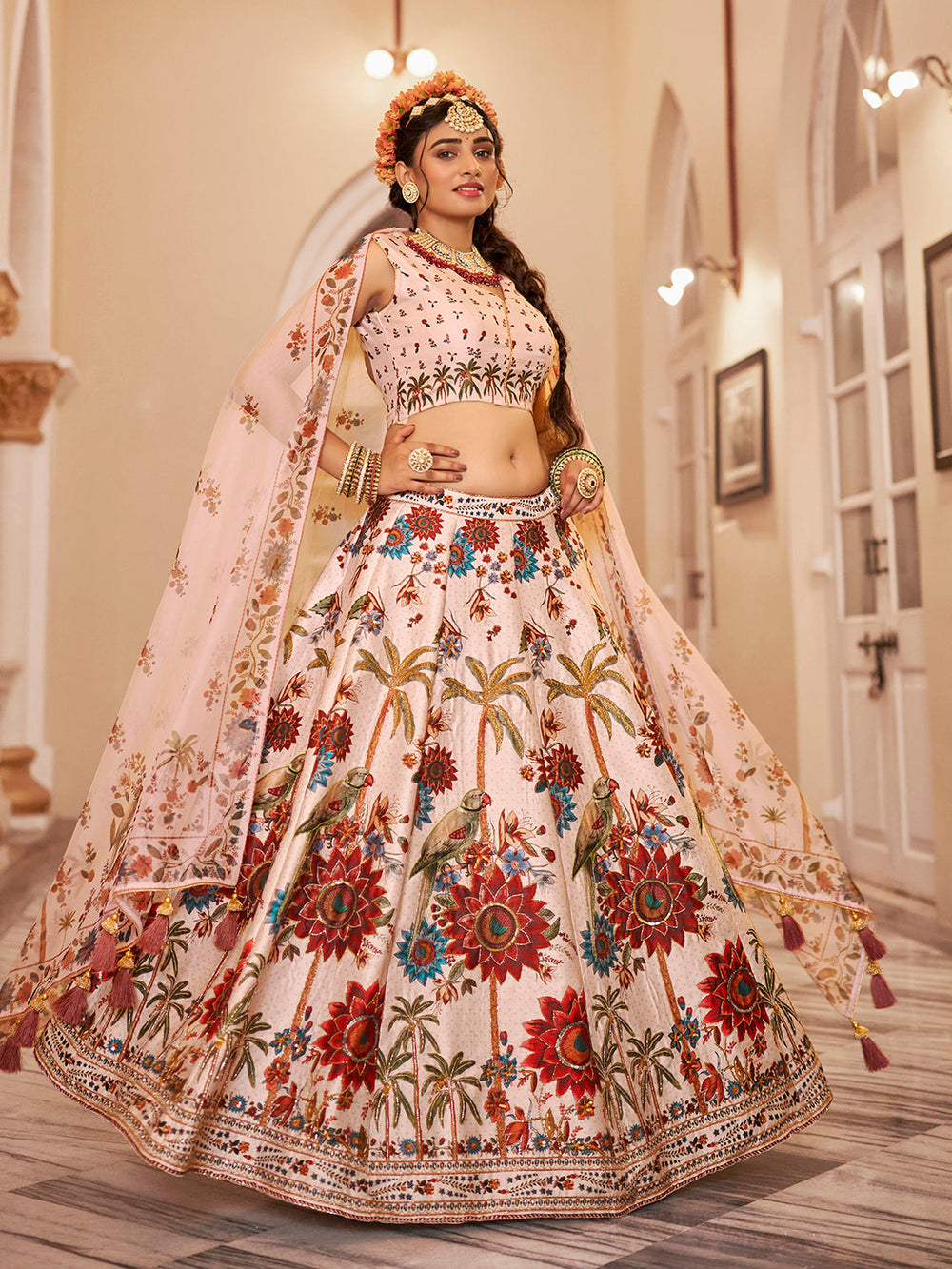 Heritage Print Art Silk Lehenga Choli with Handwork and Organza Dupatta