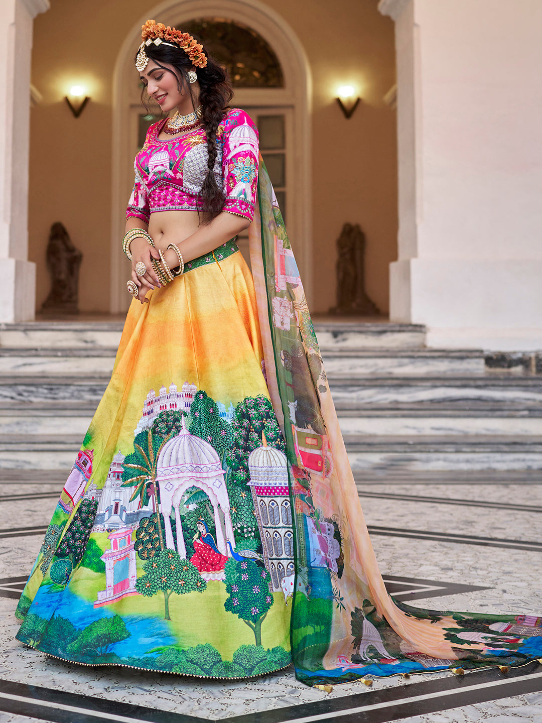 Royal Yellow Art Silk Heritage Lehenga Set with Digital Prints & Organza Dupatta