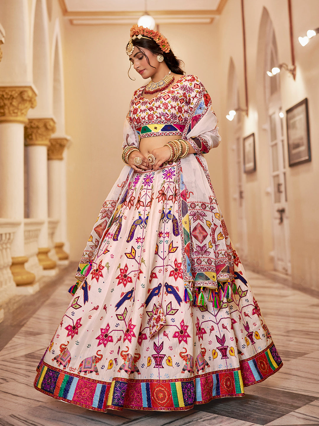 Off White Premium Designer Art Silk Lehenga Choli Set for Festive Wear