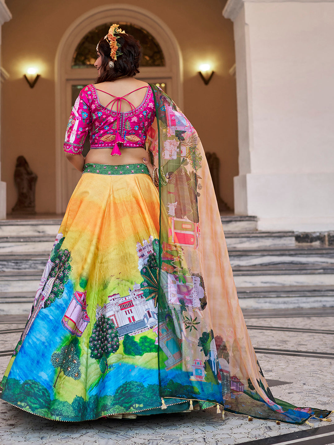 Royal Yellow Art Silk Heritage Lehenga Set with Digital Prints & Organza Dupatta