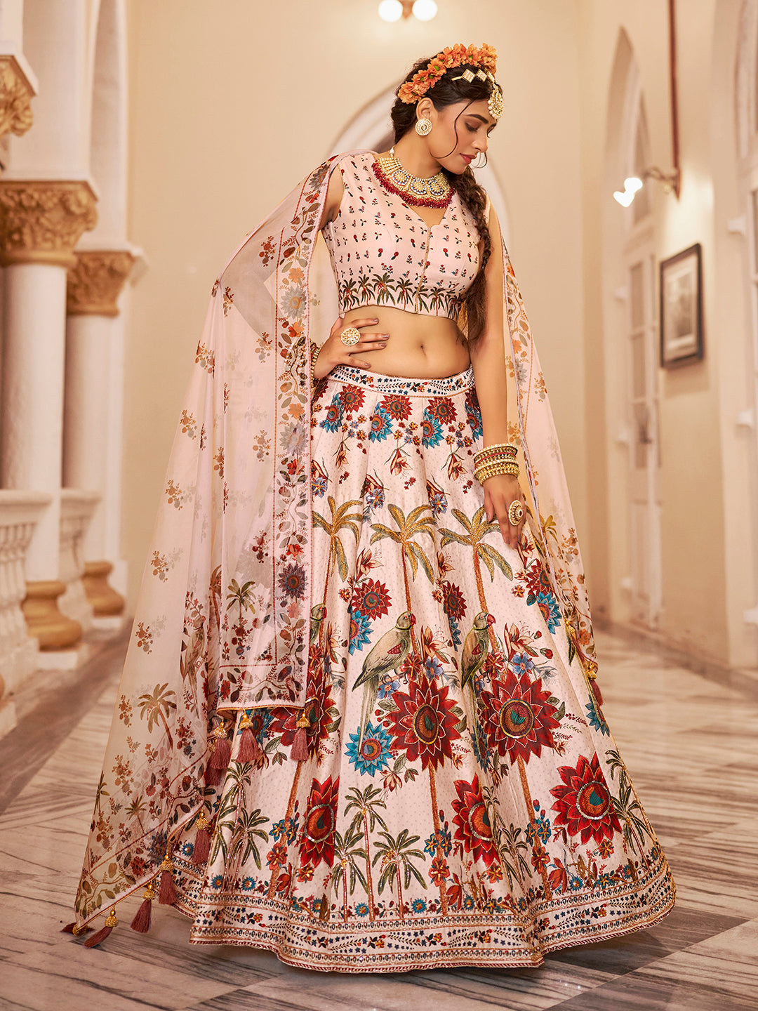 Heritage Print Art Silk Lehenga Choli with Handwork and Organza Dupatta