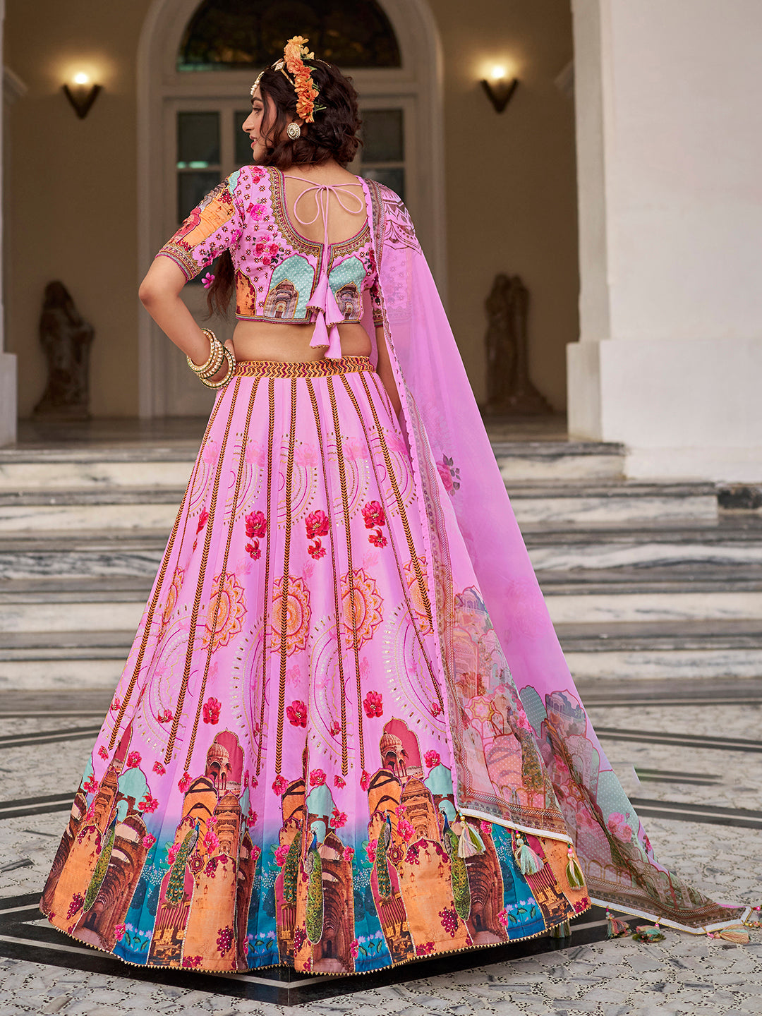 Designer Royal Pink Art Silk Lehenga Set with Digital Print & Organza Dupatta