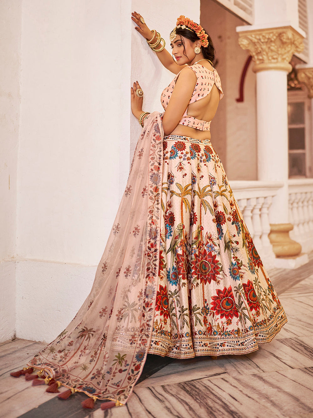 Heritage Print Art Silk Lehenga Choli with Handwork and Organza Dupatta