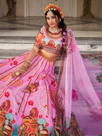 Designer Royal Pink Art Silk Lehenga Set with Digital Print & Organza Dupatta