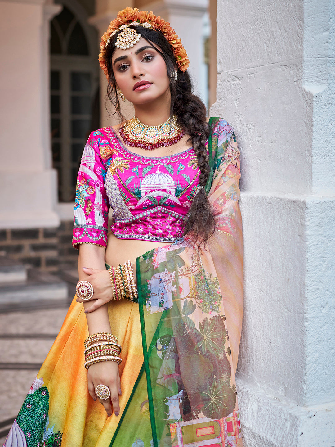 Royal Yellow Art Silk Heritage Lehenga Set with Digital Prints & Organza Dupatta