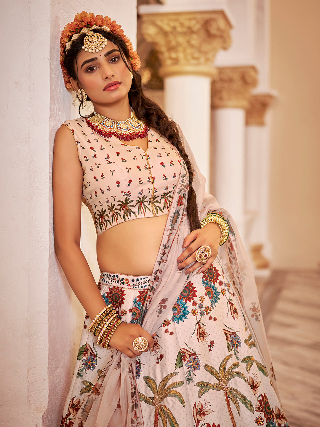 Heritage Print Art Silk Lehenga Choli with Handwork and Organza Dupatta