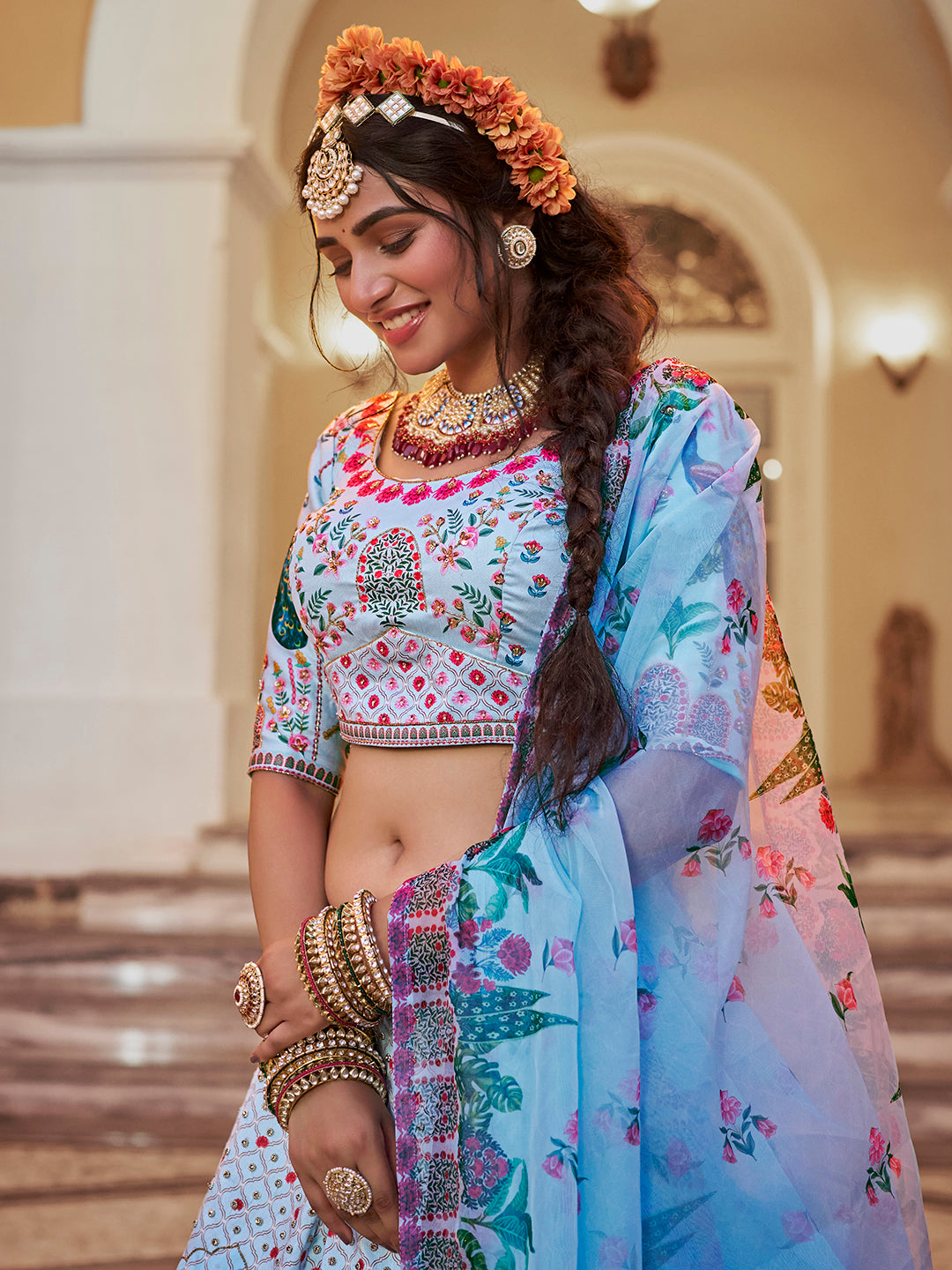 Powder Blue Designer Art Silk Heritage Lehenga Set for Women