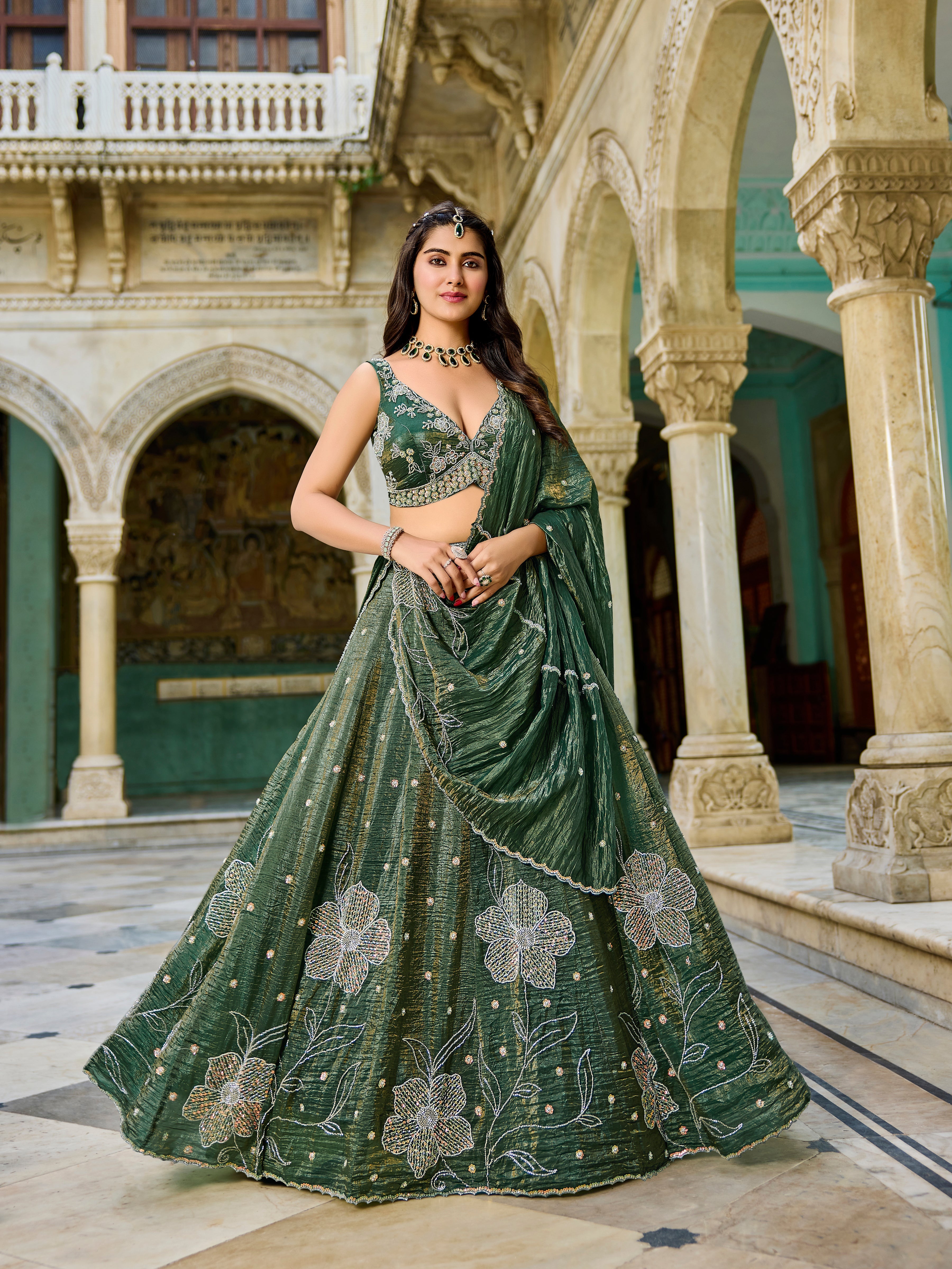 Designer Green Gold Crush Lehenga Choli Set – Floral Embroidery, Festive Ethnic Wear - Yugo