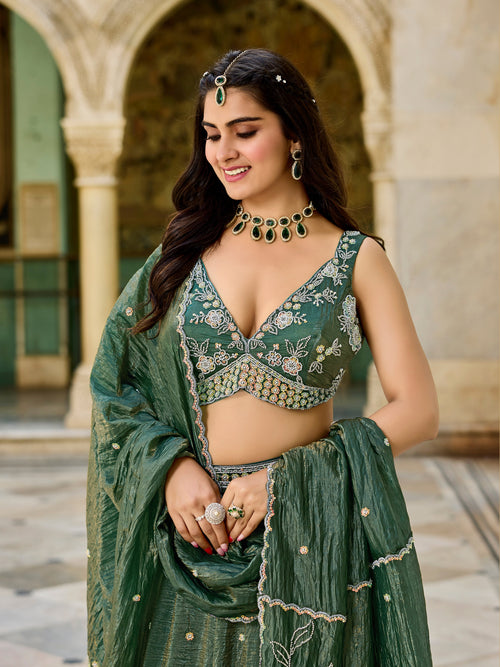 Designer Green Gold Crush Lehenga Choli Set – Floral Embroidery, Festive Ethnic Wear - Yugo