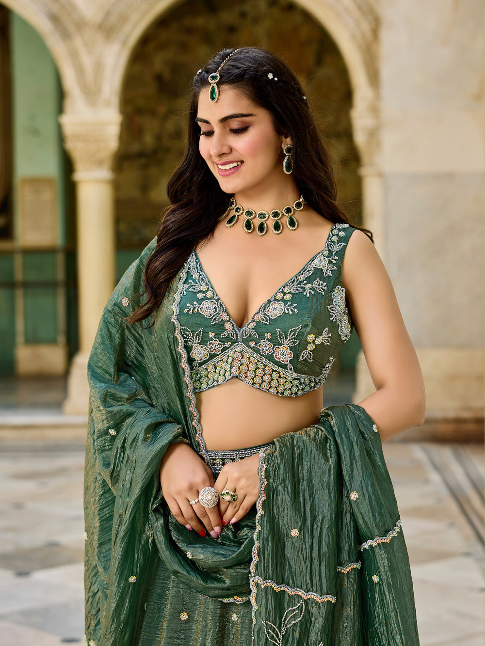 Designer Green Gold Crush Lehenga Choli Set – Floral Embroidery, Festive Ethnic Wear - Yugo