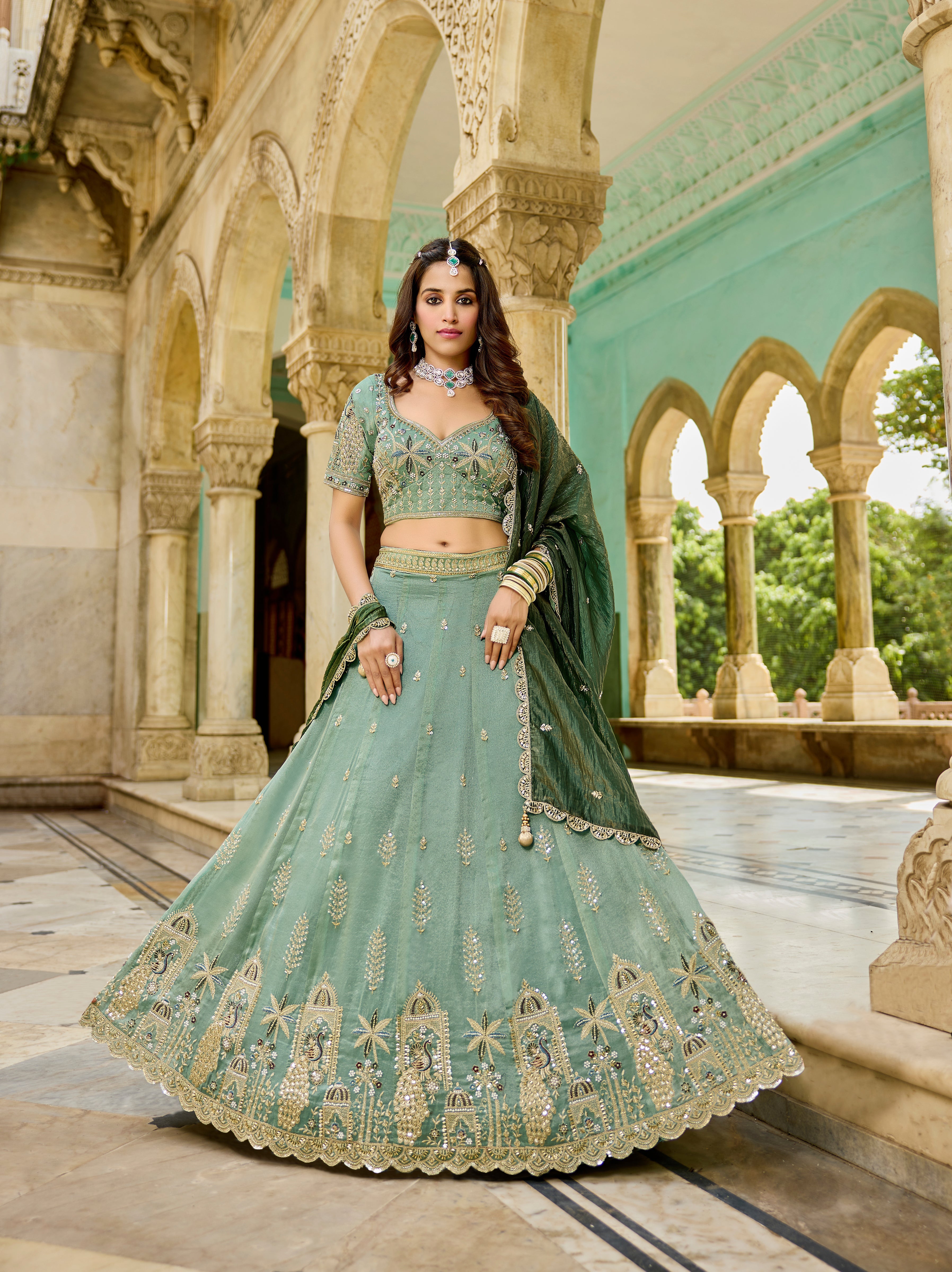 Elegant Mint Green Tissue Lehenga-Wedding & Festive Wear - Yugo