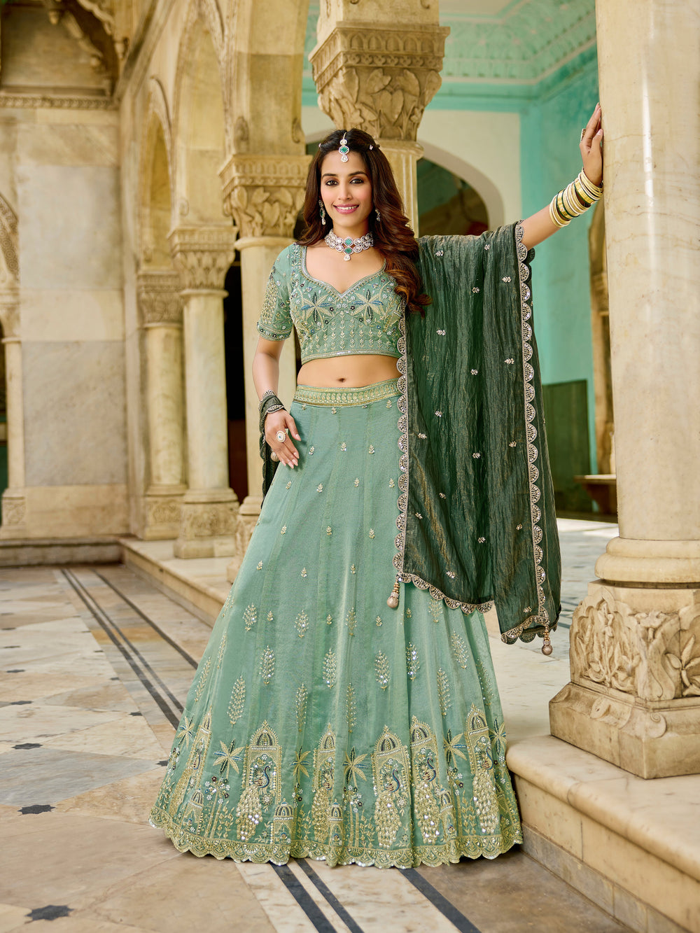 Elegant Mint Green Tissue Lehenga-Wedding & Festive Wear - Yugo
