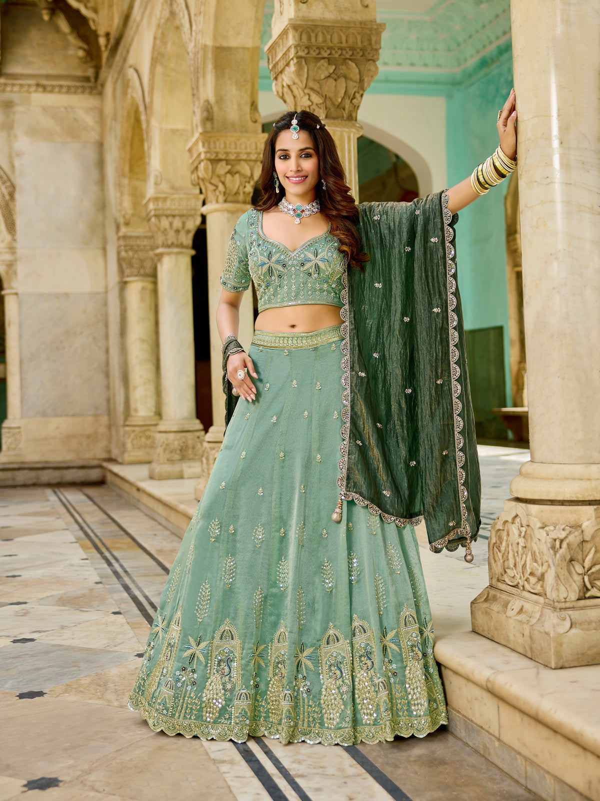 Elegant Mint Green Tissue Lehenga-Wedding & Festive Wear - Yugo