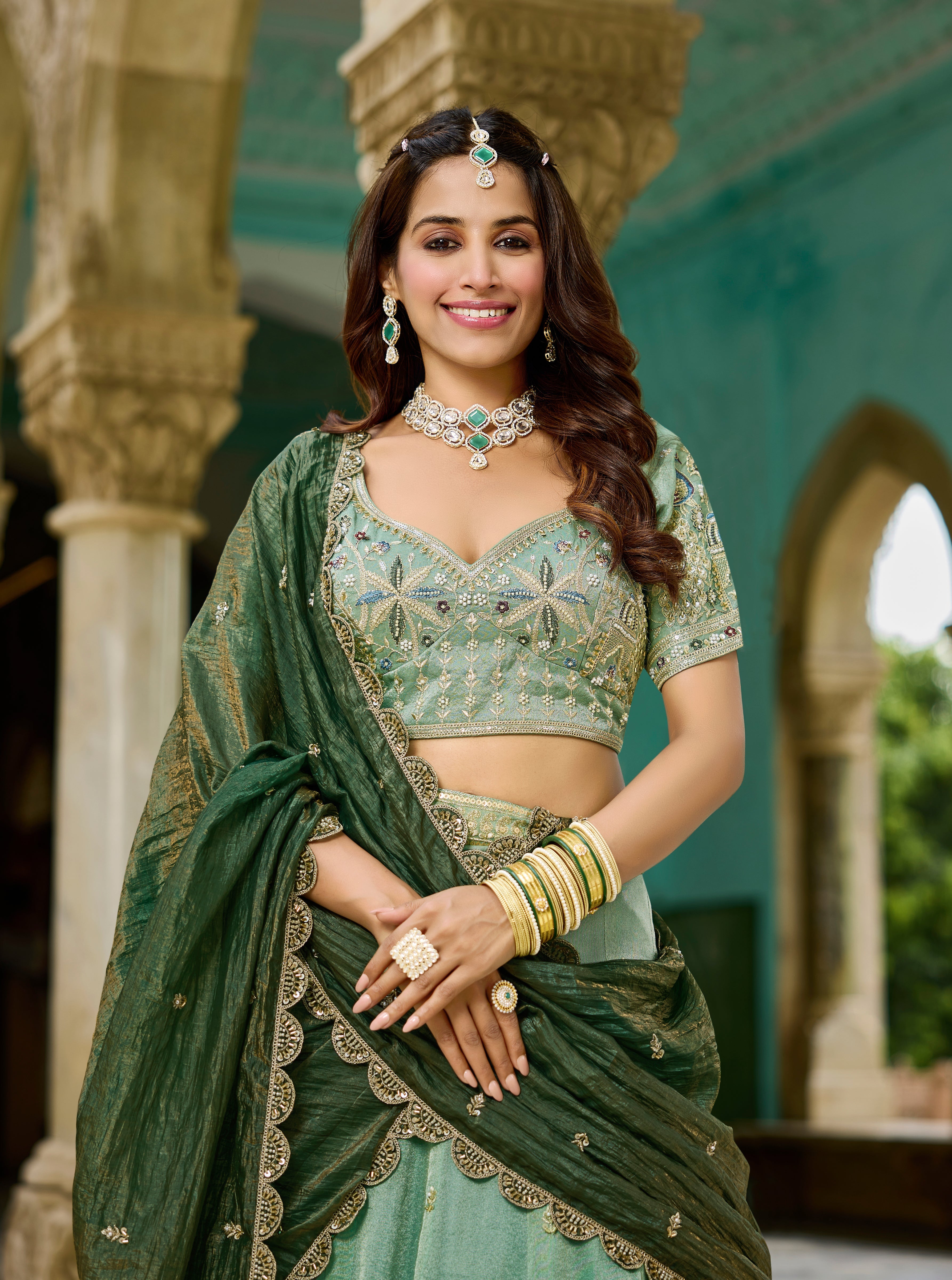 Elegant Mint Green Tissue Lehenga-Wedding & Festive Wear - Yugo