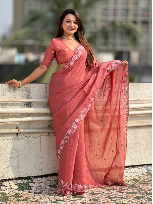 Coral Crush Embroidered Saree with Multicolor Floral Motifs and Cutwork Border