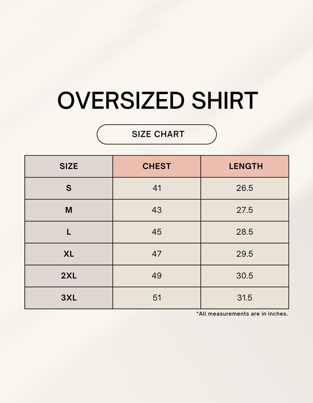 Size chart for oversized shirts with chest and length measurements.
