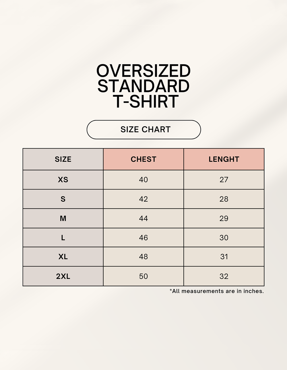 T-Shirt Size chart