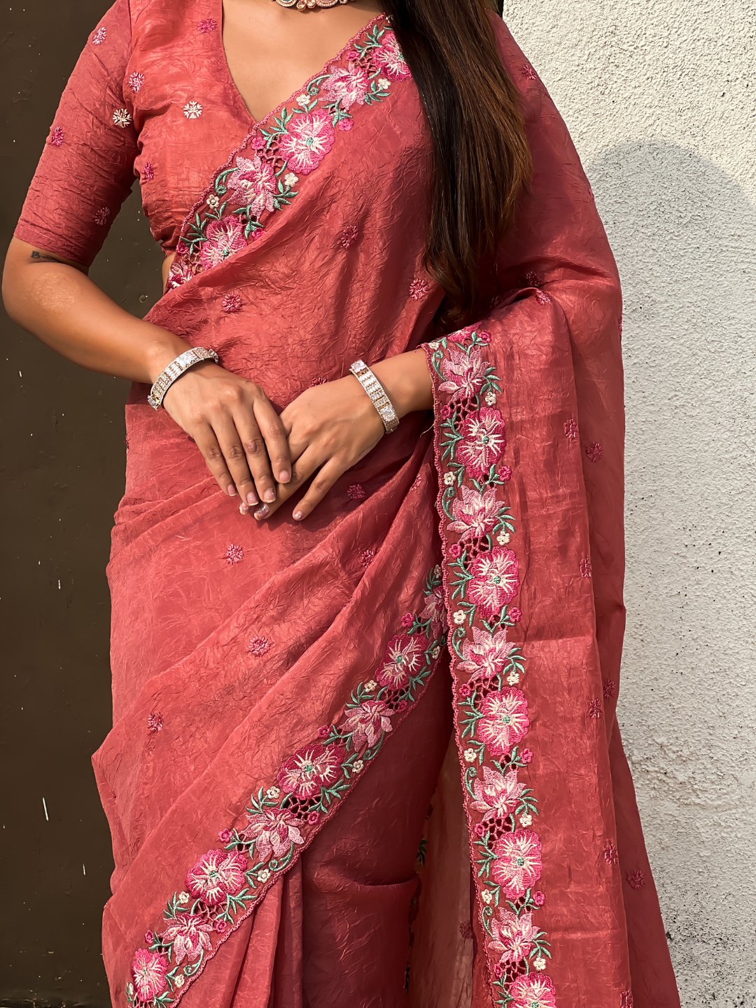 Coral Crush Embroidered Saree with Multicolor Floral Motifs and Cutwork Border