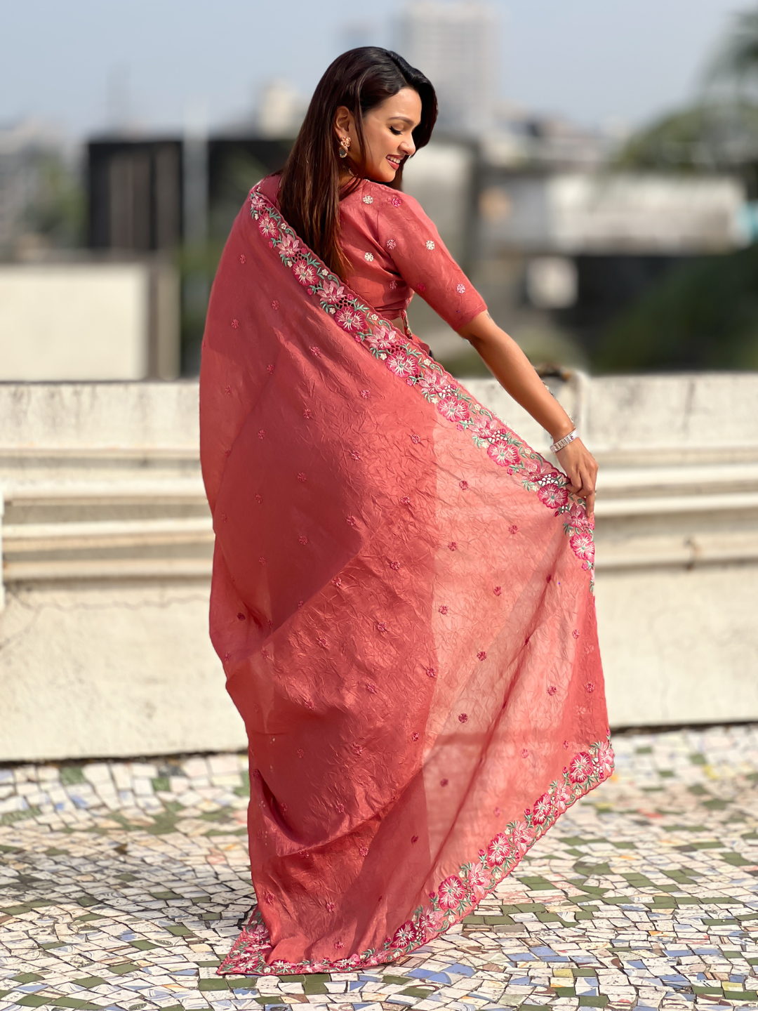 Coral Crush Embroidered Saree with Multicolor Floral Motifs and Cutwork Border