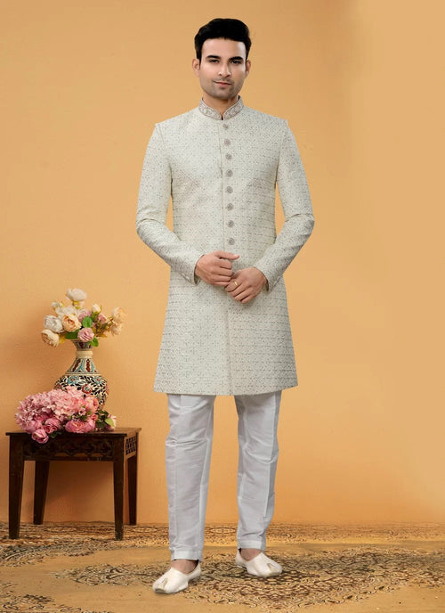 Exquisite Mens Art Silk Lucknowi Indo Western with Diamond and Hand Work