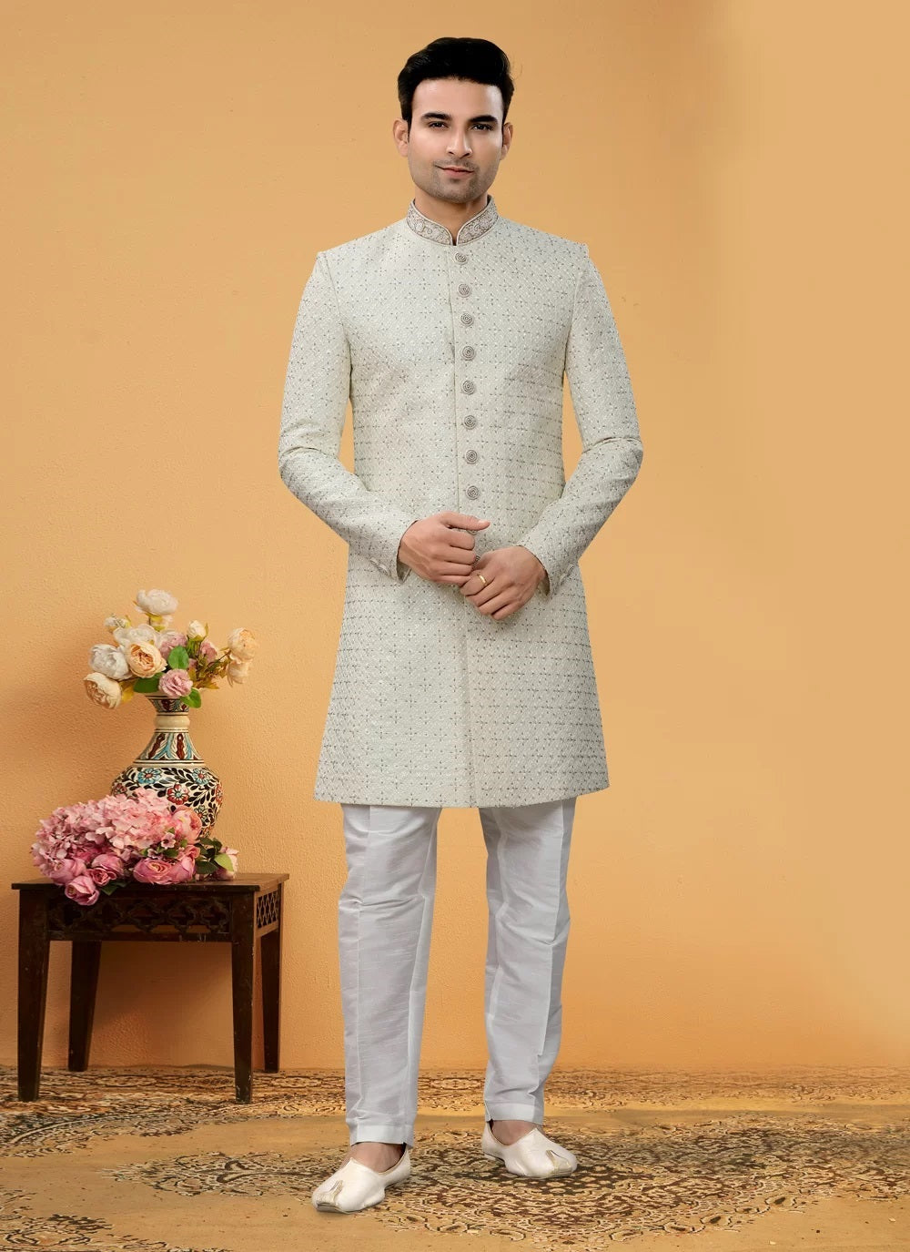 Exquisite Mens Art Silk Lucknowi Indo Western with Diamond and Hand Work