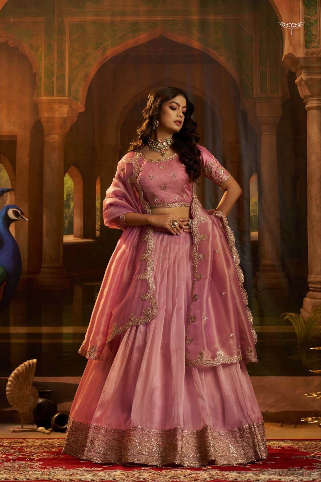 Premium Pink Hiranya Silk Lehenga Set with Art Silk Blouse and Detailed Embroidered Dupatta