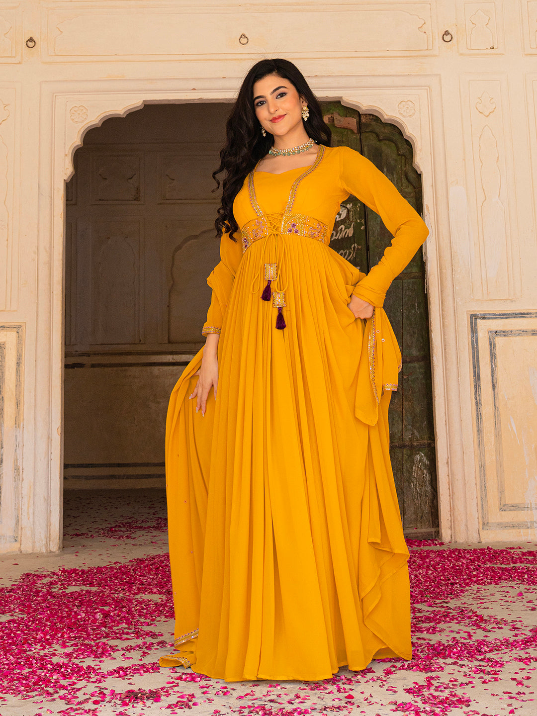 Regal Mustard Georgette Anarkali with Intricate Embroidery Work