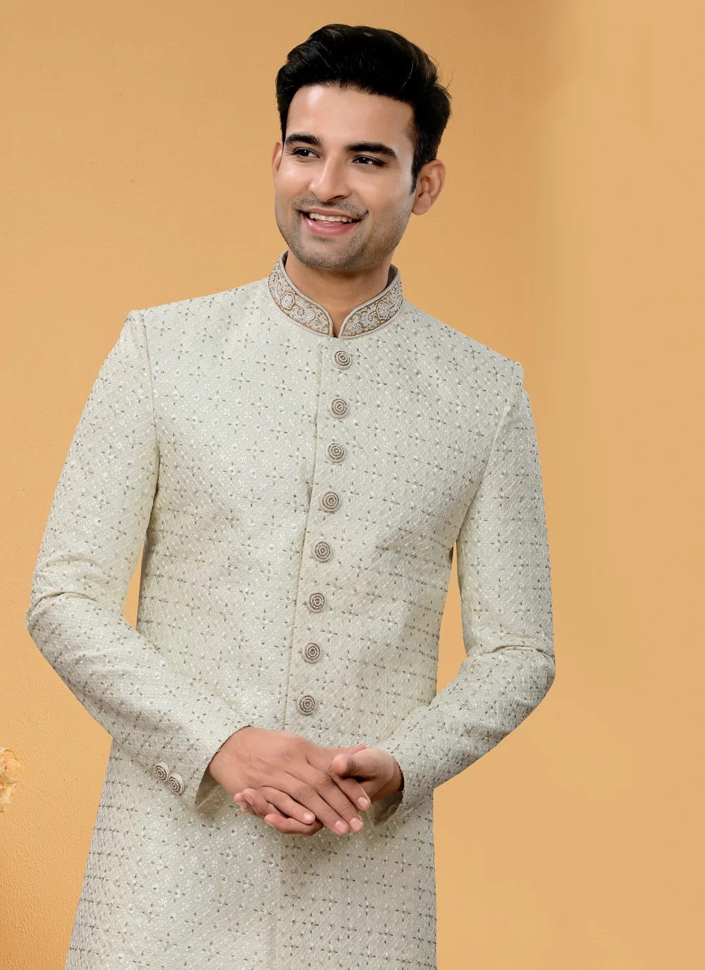 Exquisite Mens Art Silk Lucknowi Indo Western with Diamond and Hand Work