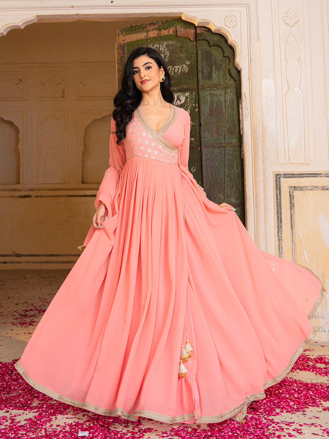 Designer Peach Radiance Georgette Anarkali Set with Embroidery