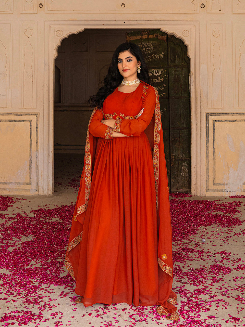 Radiant Orange Georgette Anarkali with Intricate Embroidered Detailing