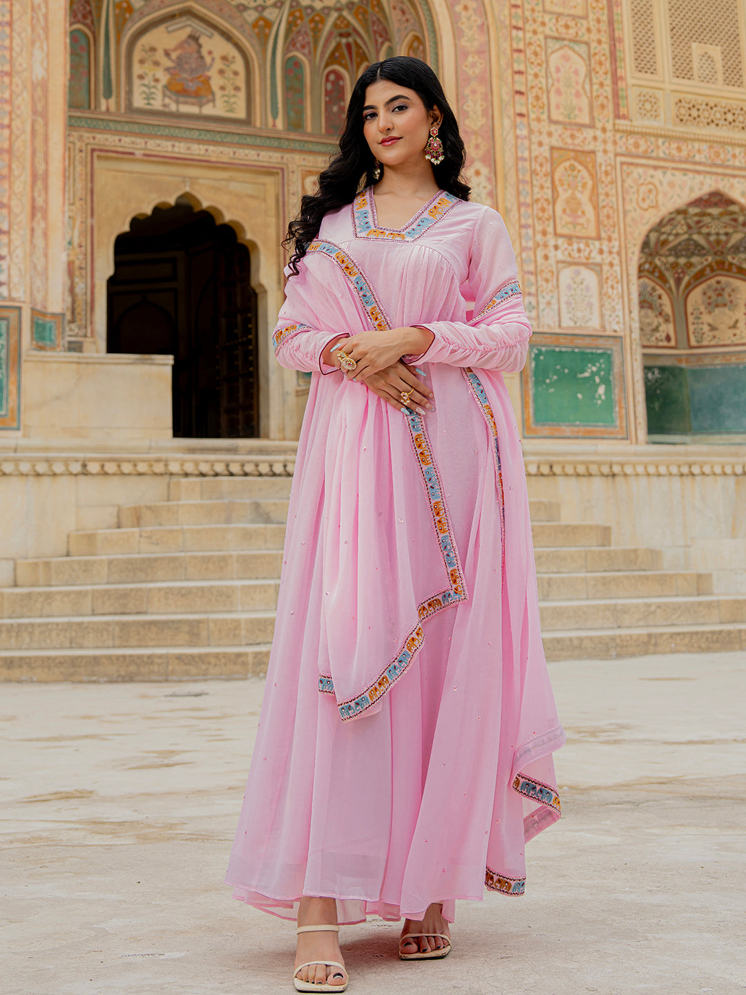 Designer Soft Pink Embroidered Georgette Anarkali Gown