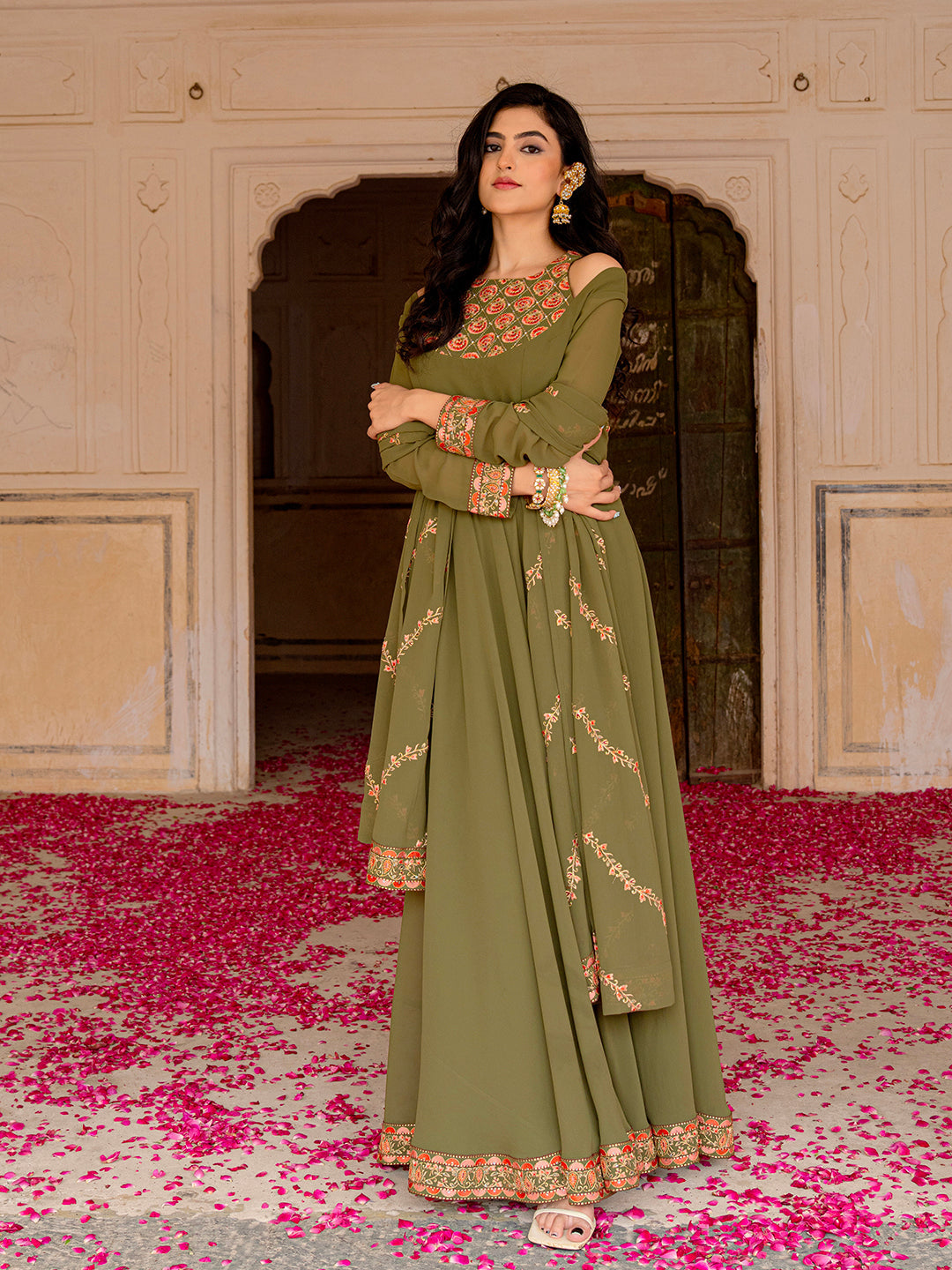 Olive Festive Wear Embroidered Georgette Anarkali Set for Women