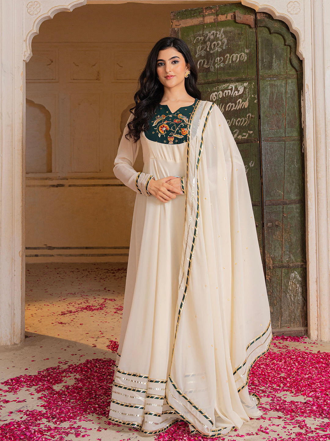 Royal Ivory Anarkali Set with Emerald Hand Embroidery for Festive Wear