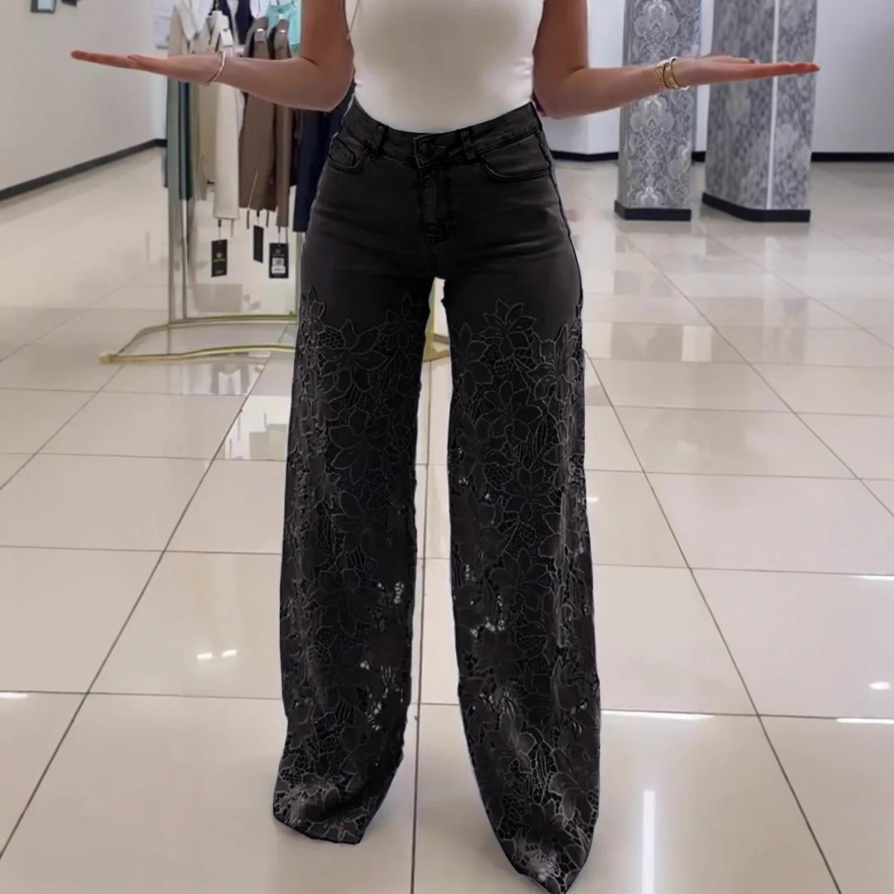 Women's Y2K Lace Flowers Hollow High Waist Jeans.