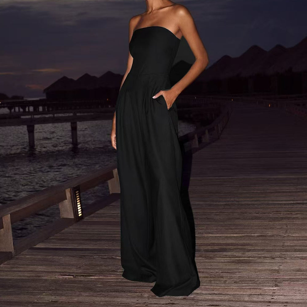 Women's Loose Tube-top Jumpsuit Fashion Backless Wide Leg Long Pants Overalls Clothing