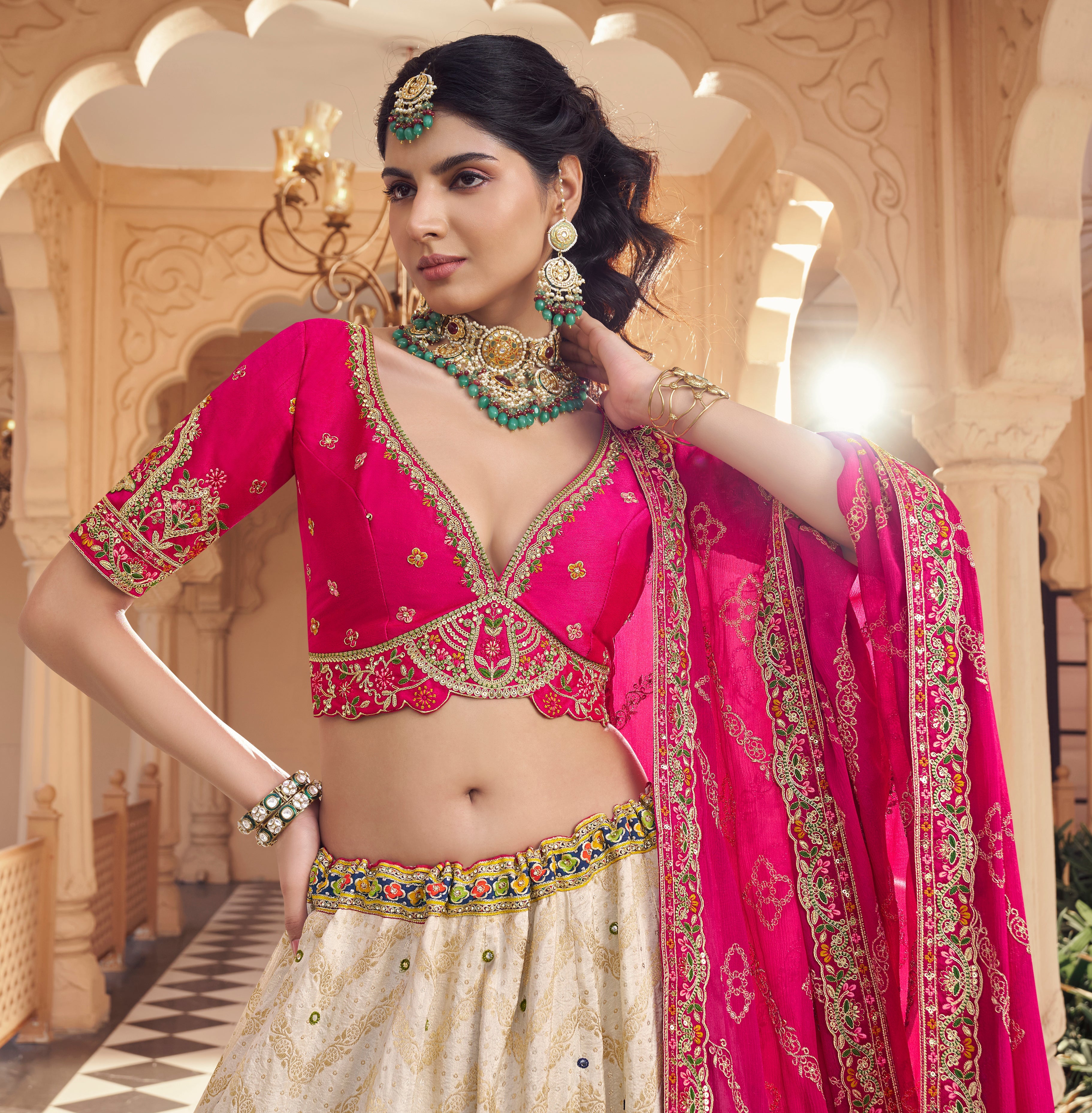 Designer Cream Lehenga with Hot Pink Blouse & Embroidered Dupatta - Yugo