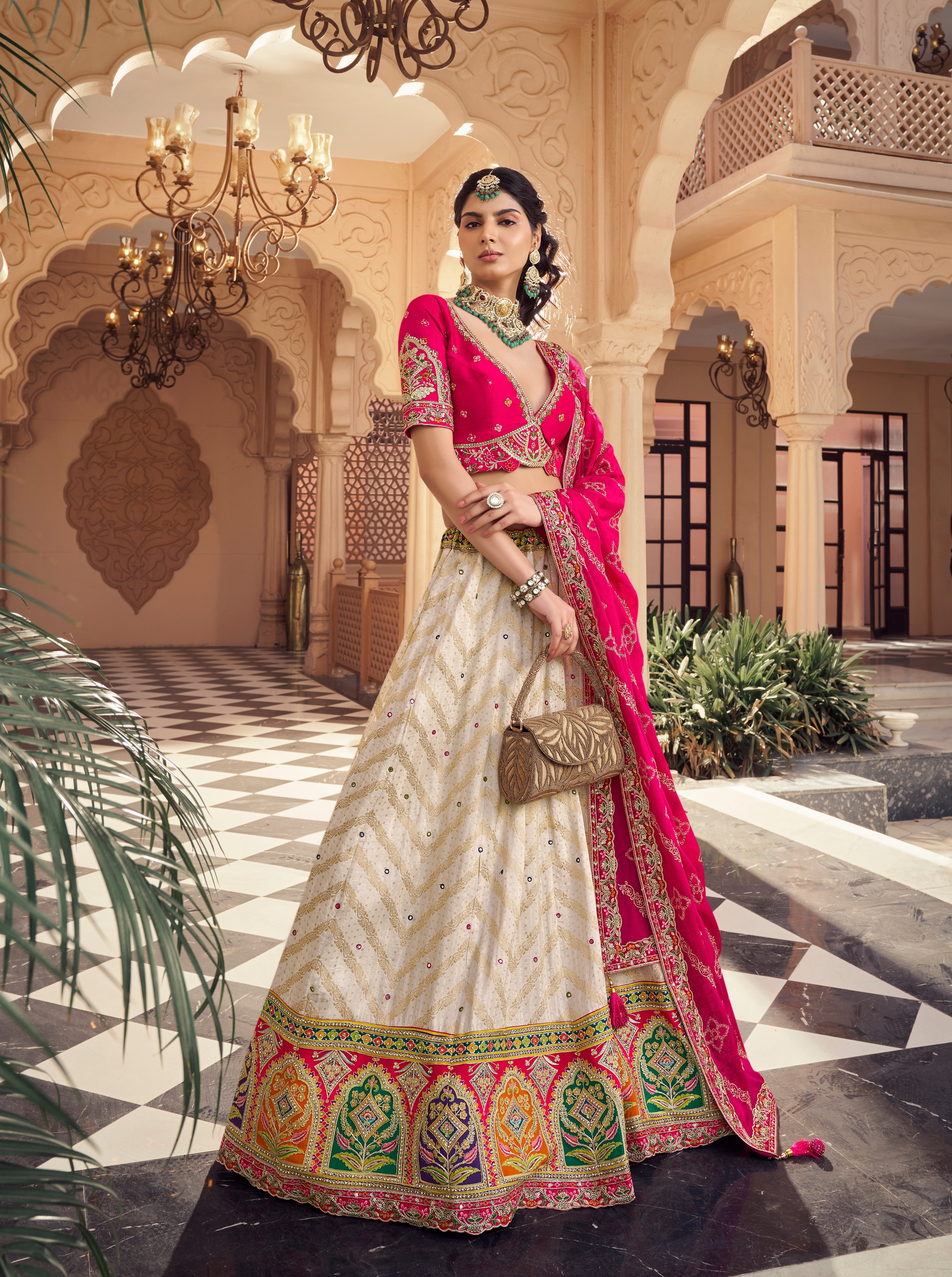 Designer Cream Lehenga with Hot Pink Blouse & Embroidered Dupatta - Yugo