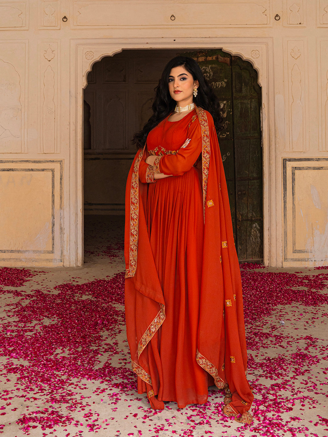 Radiant Orange Georgette Anarkali with Intricate Embroidered Detailing