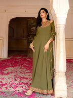 Olive Festive Wear Embroidered Georgette Anarkali Set for Women